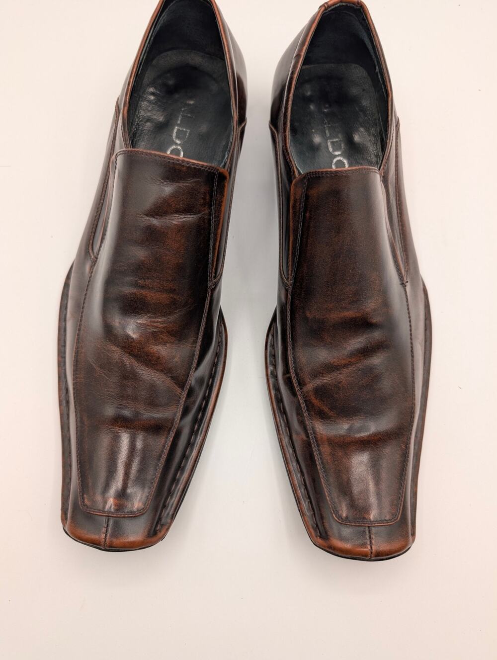Aldo Brown Burnished Leather Square Toe Slip On Loafers Men's EU 43 US 10